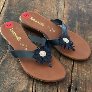 Toscanella Navy Thong Low Wedge Sandals Sz 10 Rhinestone Flower Made In Italy